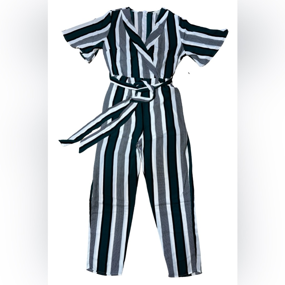 Haute Monde Black/Green/White Striped Jumpsuit Medium